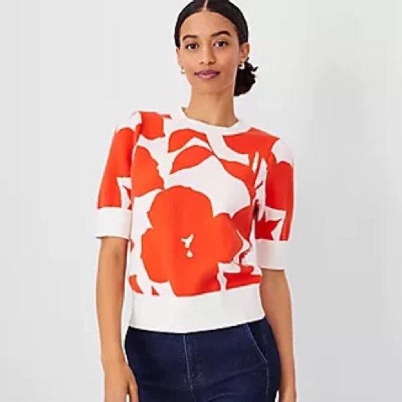 EUC Ann Taylor Floral Puff Sleeve Sweater Tee - Picture 2 of 7